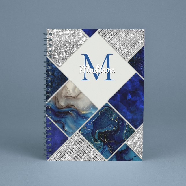 Cuaderno Moda girly faux Purpurina plata azul geométrico (Subido por el creador)