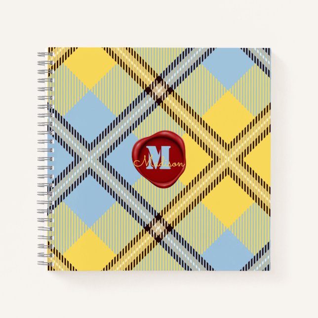 Cuaderno Moda Marca de Tartán azul amarillo Nombre del guió (Anverso)