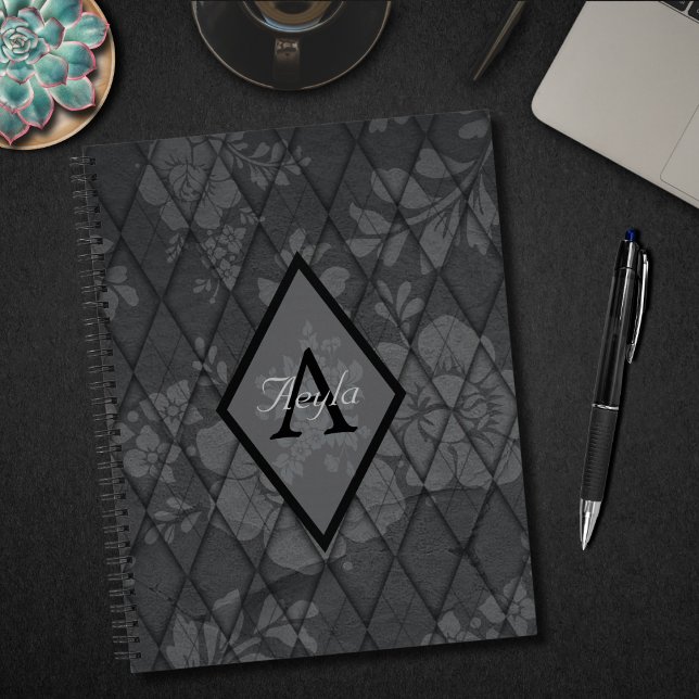 Cuaderno Moda moderna: Flores grises con monograma de diama (Subido por el creador)