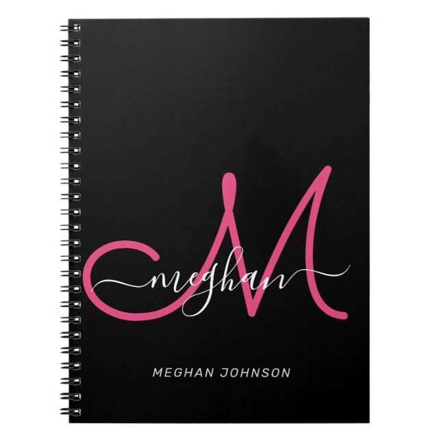 Cuaderno Moda moderna Guión negro rosado caliente monograma (Frente)
