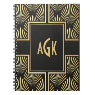 Cuaderno Moda Monograma Iniciales Negro y Oro Art Deco