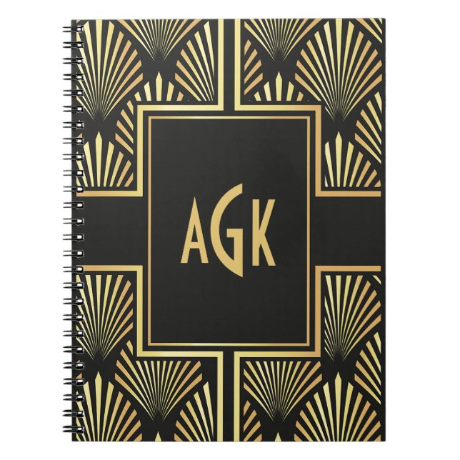 Cuaderno Moda Monograma Iniciales Negro y Oro Art Deco (Frente)