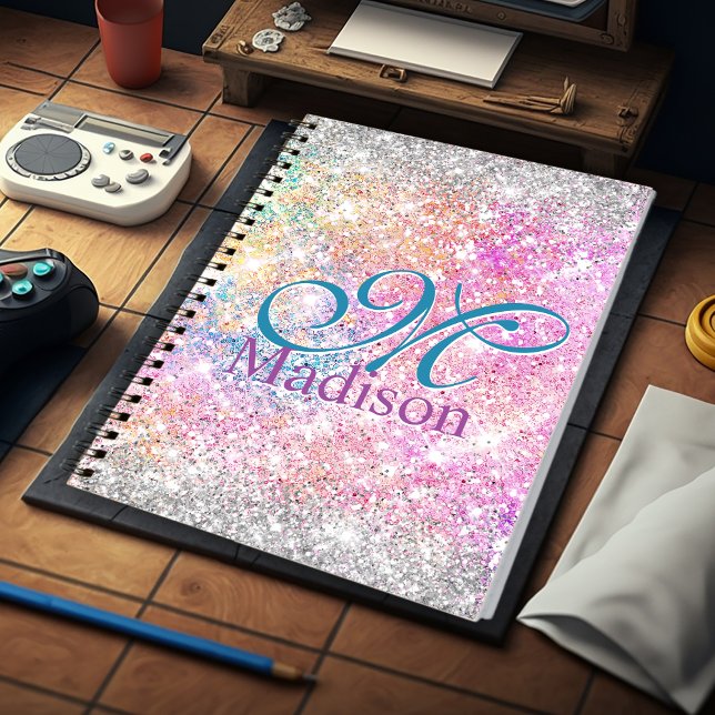 Cuaderno Moda monograma purpurina de imitación de plata ros (Subido por el creador)