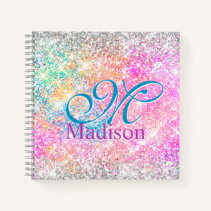 Cuaderno Moda monograma purpurina de imitación de plata ros