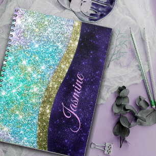 Cuaderno Moda monograma purpurina iridiscente azul morado