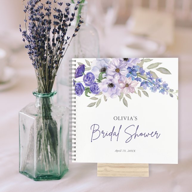 Cuaderno Moda Morado Flor Script Bridal Shower (Chic Purple Flower Script Bridal Shower Guest Notebook)