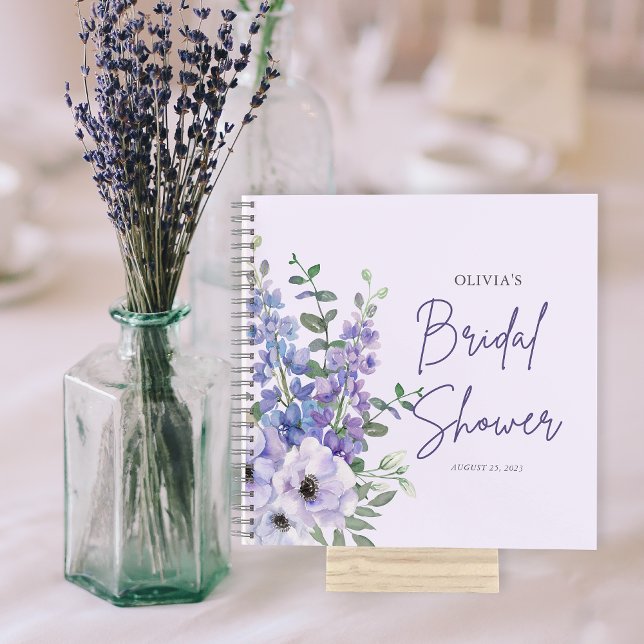 Cuaderno Moda Morado Flor Script Bridal Shower (Chic Purple Flower Script Bridal Shower Guest Notebook)