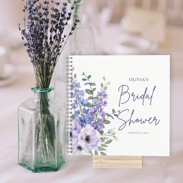 Cuaderno Moda Morado Flor Script Bridal Shower (Chic Purple Flower Script Bridal Shower Guest Notebook)
