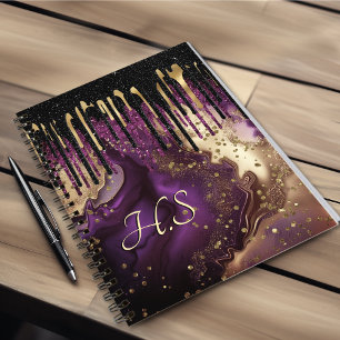 Cuaderno Moda morado negro y oro purpurina goteo monograma