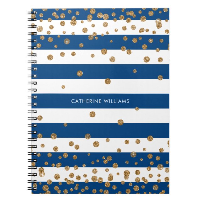 Cuaderno Moda Navy Blue White Stripes Purpurina de oro Conf (Frente)