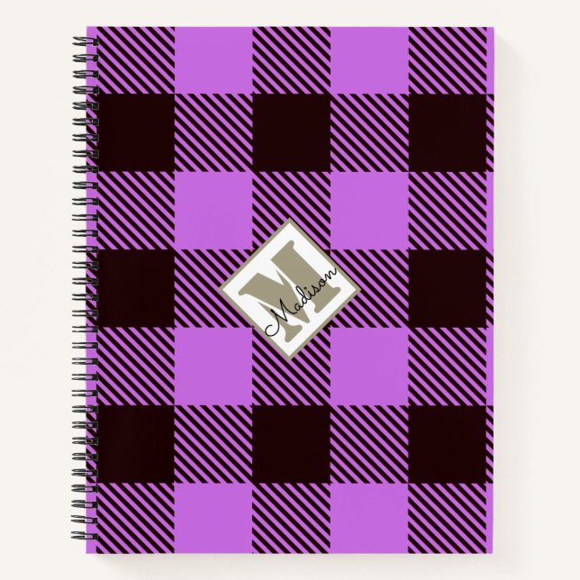Cuaderno Moda Orquídea Negro Tartán Nombre personalizado (Anverso)