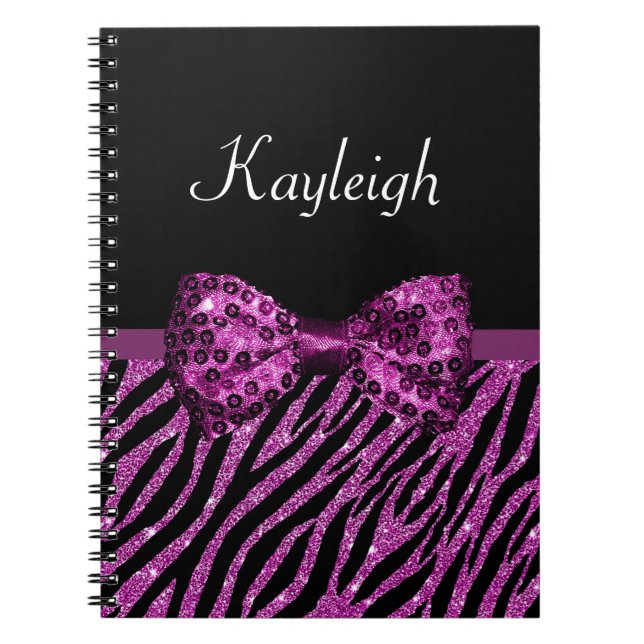 Cuaderno Moda Púrpura Zebra Imprimir FAUX Glitz Bow con nom (Frente)