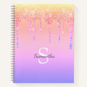 Cuaderno Moda Purpurina arcoiris goteo Nombre monograma de