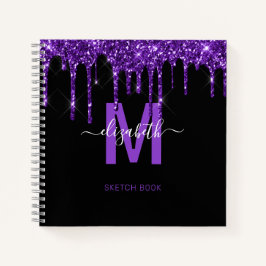Cuaderno Moda Purpurina de goteo morado Monograma Nombre