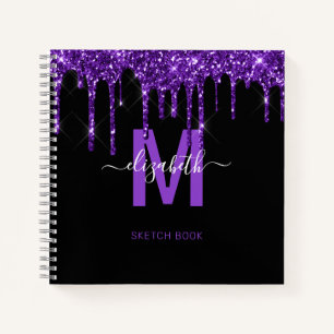 Cuaderno Moda Purpurina de goteo morado Monograma Nombre