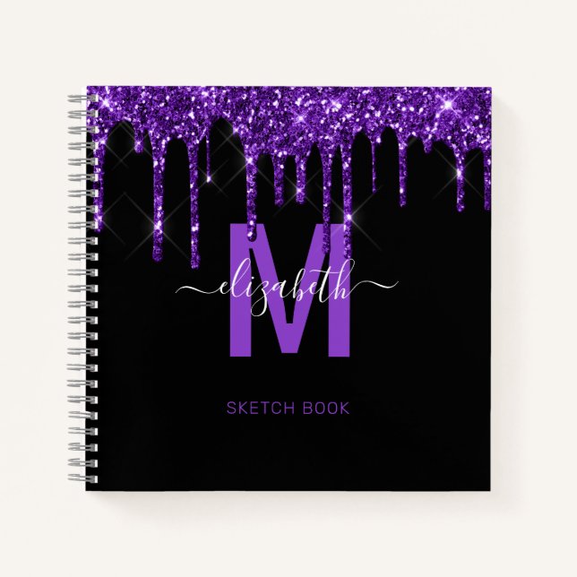 Cuaderno Moda Purpurina de goteo morado Monograma Nombre (Anverso)