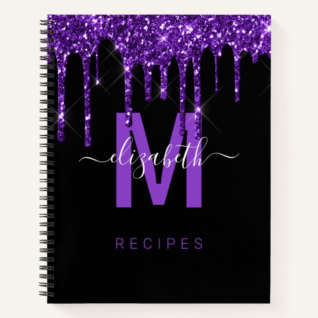 Cuaderno Moda Purpurina de goteo morado Monograma Receta de (Anverso)