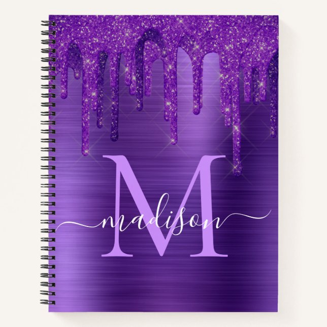 Cuaderno Moda Purpurina de goteo morado Pincel Monograma Me (Anverso)