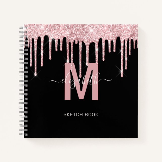 Cuaderno Moda Purpurina de goteo rosado Monograma (Anverso)