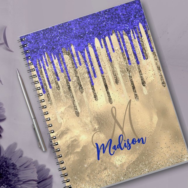 Cuaderno Moda purpurina de oro azul real gotea monograma (Subido por el creador)