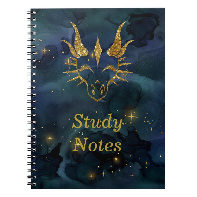 Cuaderno Moda Purpurina de oro Cabeza Dragón y Universo Azu (Frente)