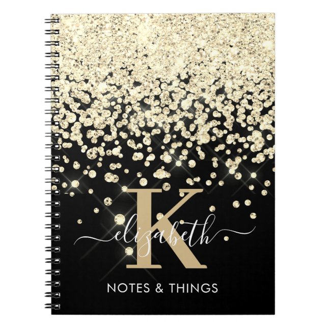 Cuaderno Moda Purpurina de oro negro Diamond Monogramado (Frente)