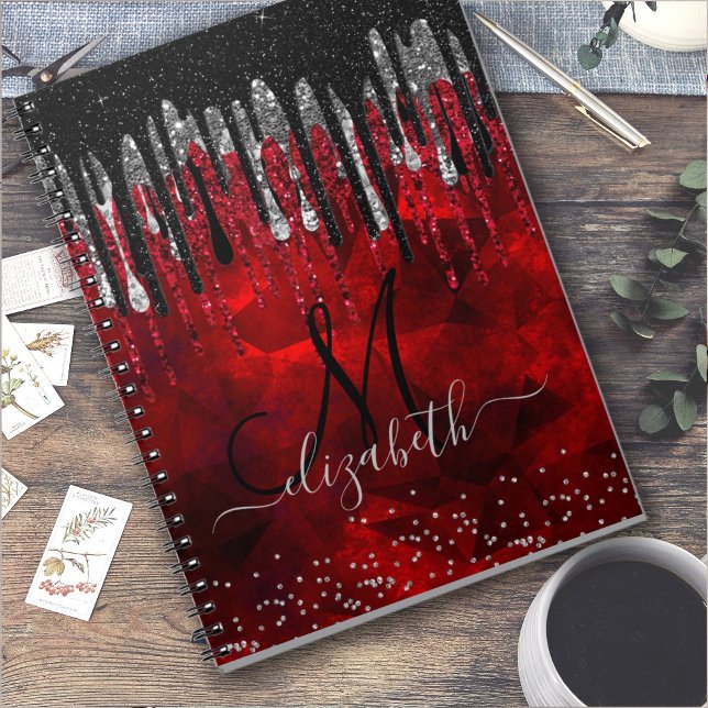 Cuaderno Moda purpurina de plata roja negro goteo monograma (Subido por el creador)