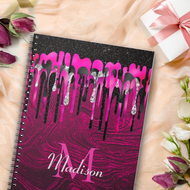 Cuaderno Moda purpurina negro rosado caliente goteo monogra (Subido por el creador)