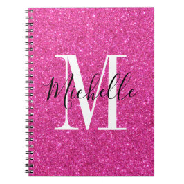 Cuaderno Moda purpurina rosa caliente Monograma espiral por
