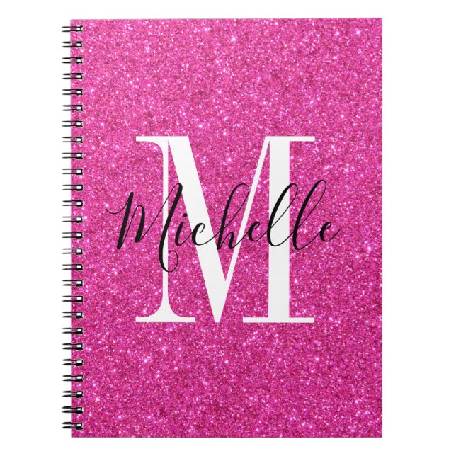 Cuaderno Moda purpurina rosa caliente Monograma espiral por (Frente)