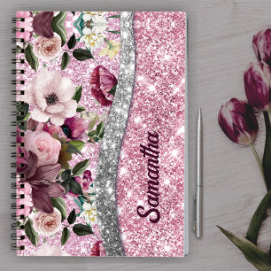Cuaderno Moda purpurinoso floral Monograma de plata rosa mo
