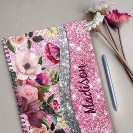 Cuaderno Moda purpurinoso floral Monograma de plata rosa mo
