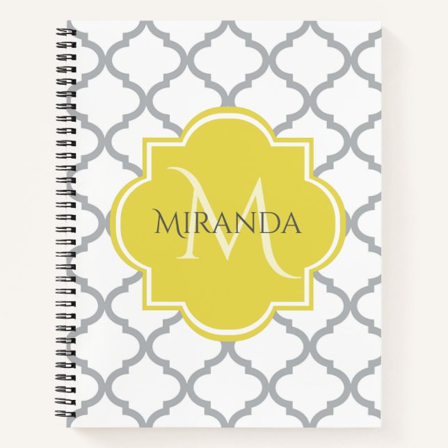Cuaderno Moda Quatrefoil gris blanco Monogramo amarillo Nom (Anverso)