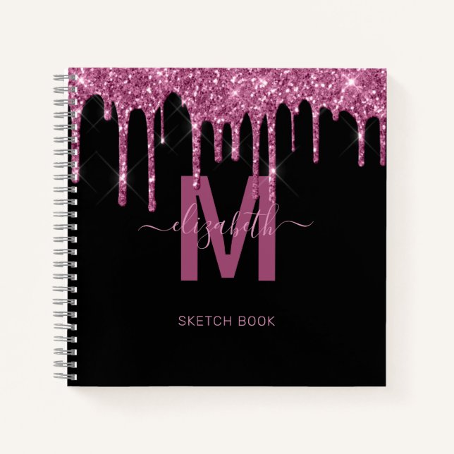 Cuaderno Moda Raspberry Drin Purpurina Monograma Nombre (Anverso)