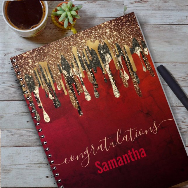 Cuaderno Moda rojo negro y oro purpurina goteo monograma (Subido por el creador)