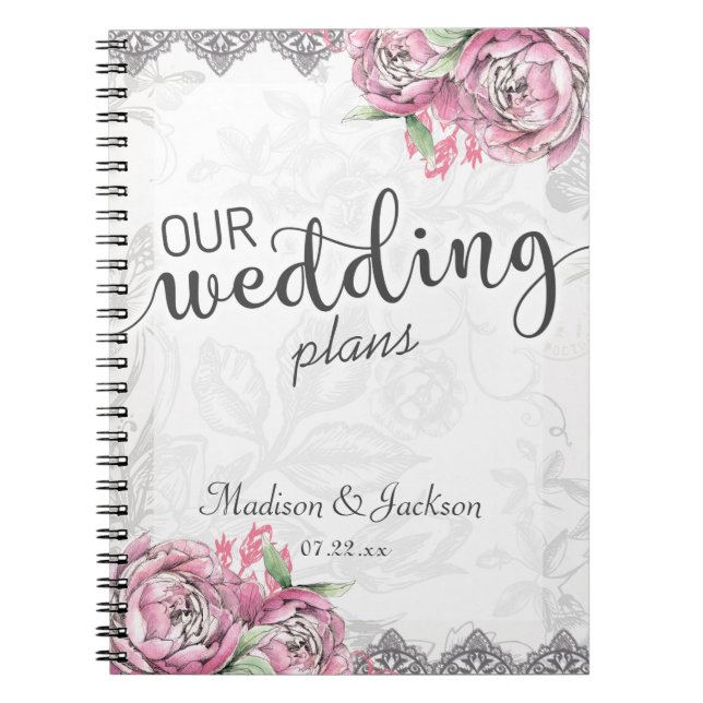 Cuaderno Moda romántica Peony Floral & Lace Wedner (Frente)