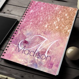 Cuaderno Moda rosa oscuro purpurina rosa rubor monograma