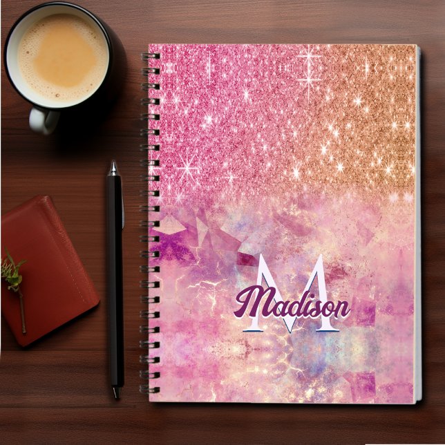 Cuaderno Moda rosa oscuro purpurina rosa rubor monograma (Subido por el creador)
