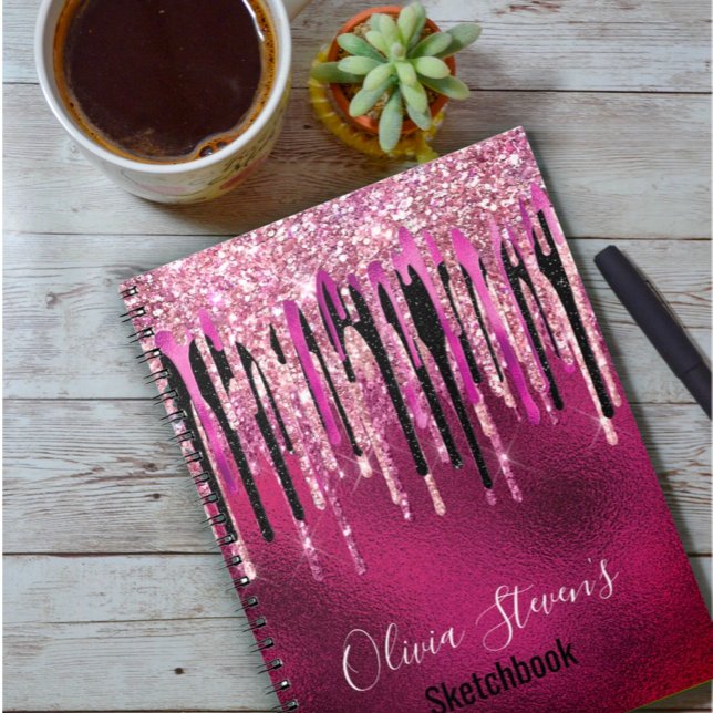 Cuaderno Moda rosado caliente goteo negro purpurina monogra (Subido por el creador)