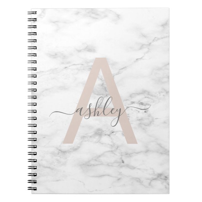 Cuaderno Moda Rubor Nombre de guión de mármol blanco rosado (Frente)