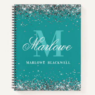 Cuaderno Moda Verde azulado Monograma azul plateado Purpuri