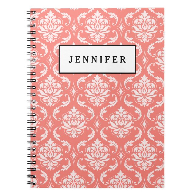 Cuaderno Modelo clásico blanco rosado coralino del damasco (Frente)