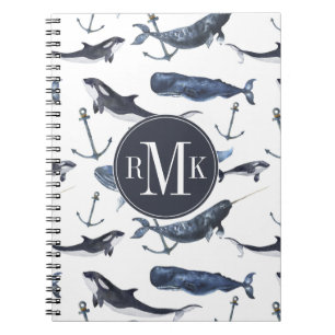 Cuaderno Modelo de la ballena y del ancla de la acuarela