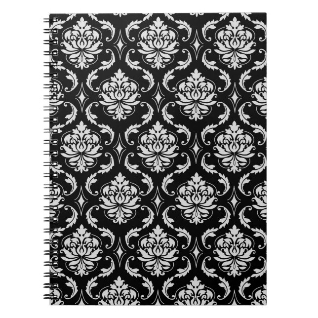 Cuaderno Modelo floral blanco y negro clásico del damasco (Frente)