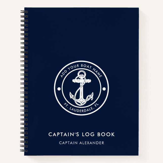 Cuaderno Modern Anchor Boat Name Navy Blue Captains Log (Anverso)