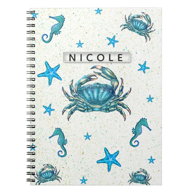 Cuaderno Modern Beach Blue Crab Starfish Seahorse Sparkle (Frente)