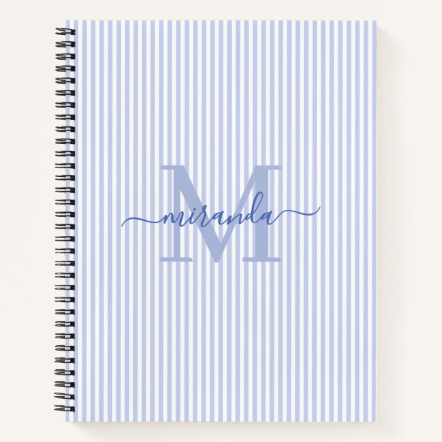 Cuaderno Modern Blue & White Stripes Monogram Name (Anverso)