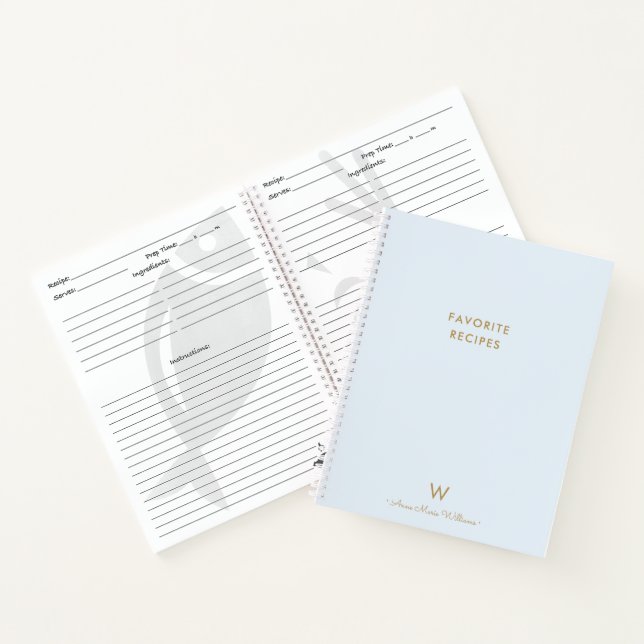 Cuaderno Modern Dusty Blue Gold Script Monogram Recipe (Interior)