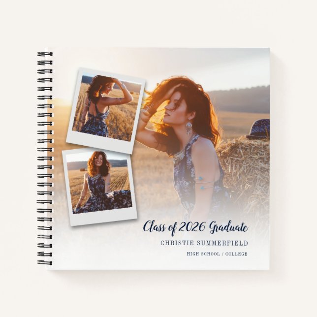 Cuaderno Modern Elegant Navy Script Photo Graduation Guest (Anverso)