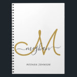Cuaderno Modern Elegant White Gold White Script Monogram<br><div class="desc">Modern, trendy girly white and gold custom personalized monogrammed spiral notebook. This simple elegant design features a cursive hand lettering name with swashes in gray and a huge hand-writing monogram script in gold on white background. This feminine, pretty notebook is a perfect gift idea for business, professional, school, birthday party,...</div>